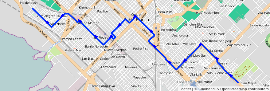 Mapa del recorrido troncal de la línea 514 en Bahía Blanca.