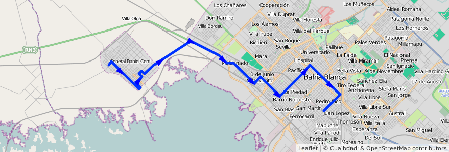 Mapa del recorrido troncal de la línea 519 en Partido de Bahía Blanca.