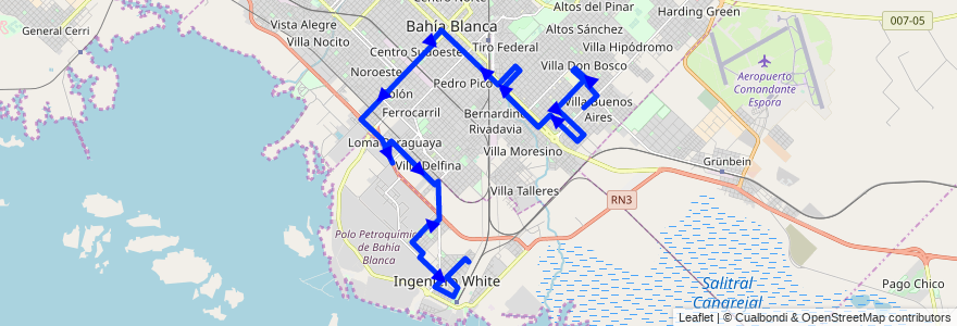 Mapa del recorrido troncal de la línea 504 en Cuartel II.