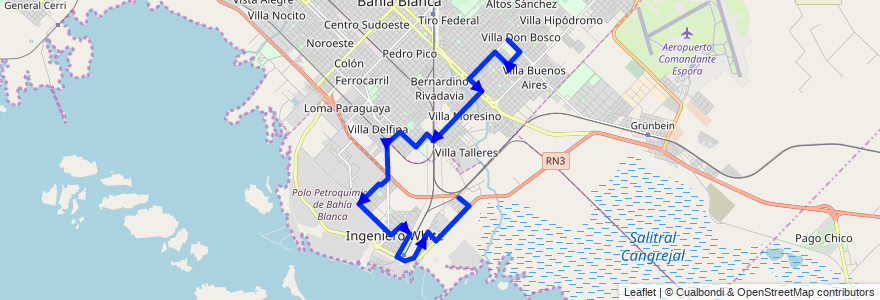 Mapa del recorrido troncal de la línea 504EX en Partido de Bahía Blanca.