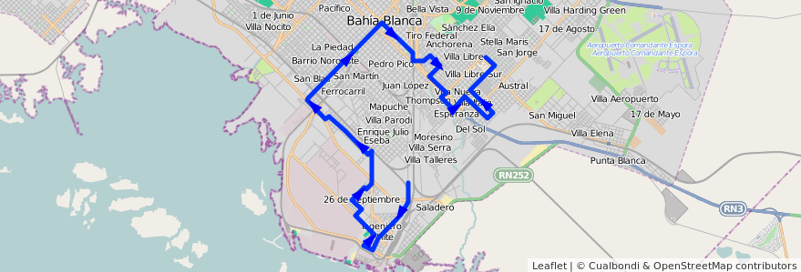 Mapa del recorrido troncal de la línea 504 en Cuartel II.