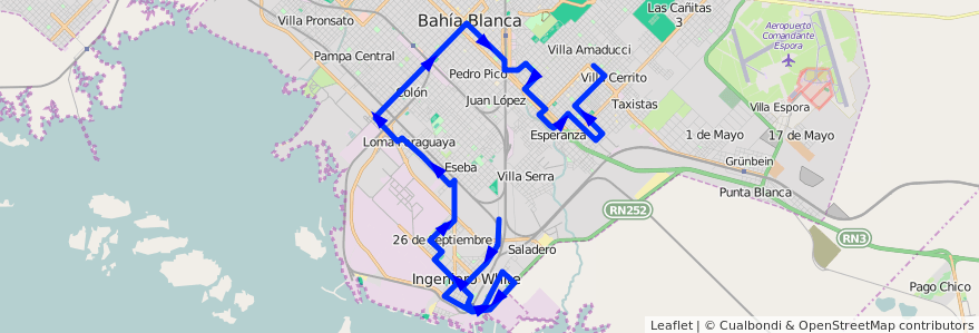 Mapa del recorrido troncal de la línea 504 en Partido de Bahía Blanca.