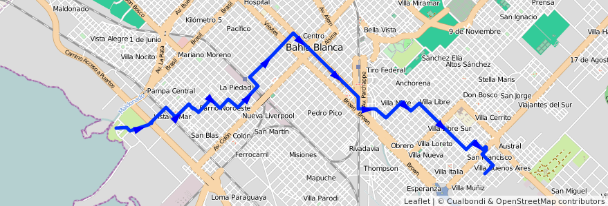 Mapa del recorrido troncal de la línea 505 en Bahía Blanca.