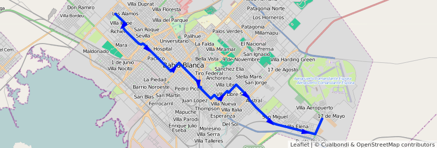 Mapa del recorrido troncal de la línea 517 en Partido de Bahía Blanca.