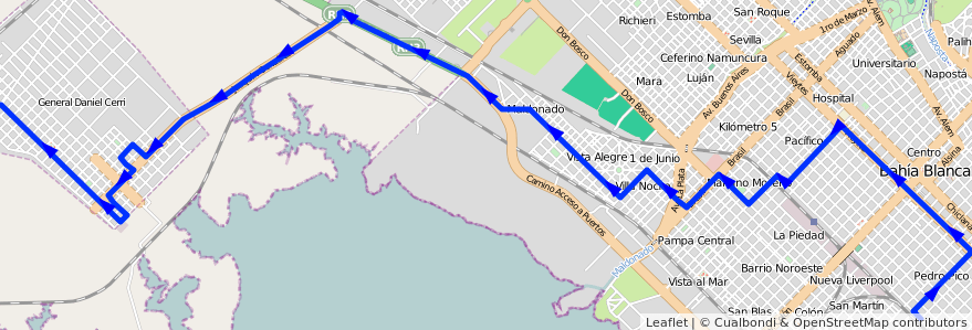 Mapa del recorrido troncal de la línea 519 en Partido de Bahía Blanca.