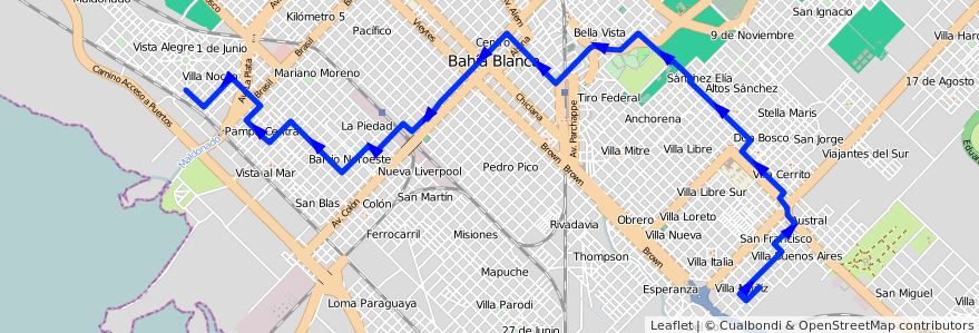 Mapa del recorrido troncal de la línea 506 en Bahía Blanca.