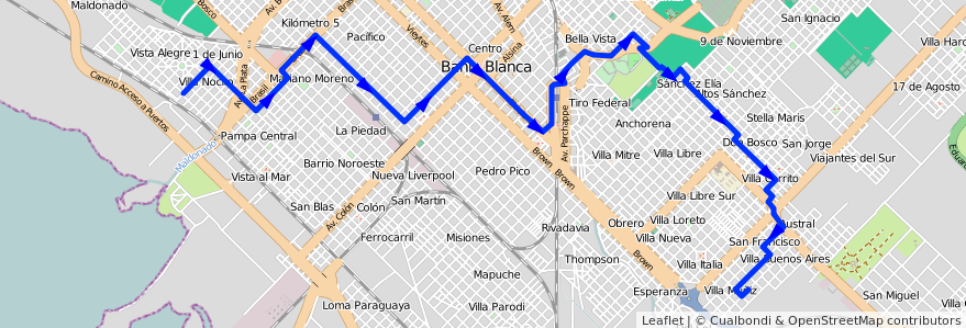 Mapa del recorrido troncal de la línea 506 en Bahía Blanca.