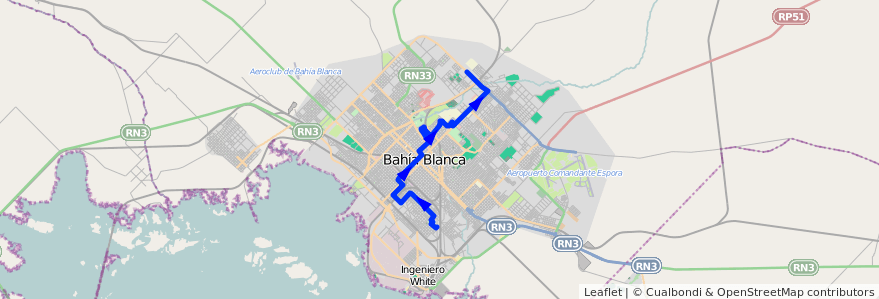 Mapa del recorrido troncal de la línea 503 en Bahía Blanca.