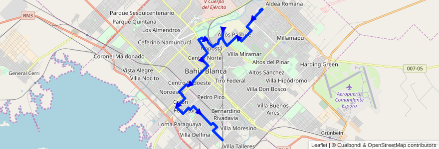 Mapa del recorrido troncal de la línea 503 en Bahía Blanca.