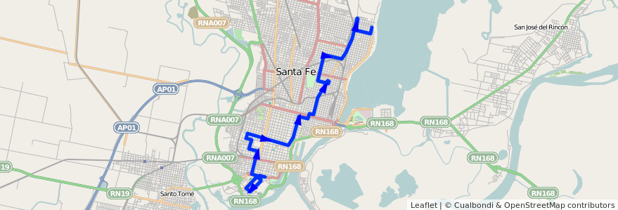 Mapa del recorrido unica de la línea 8 en Santa Fé.