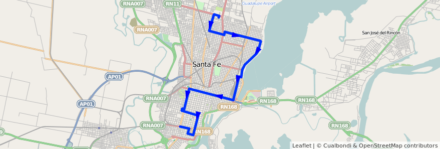 Mapa del recorrido unico de la línea 16 en Santa Fé.