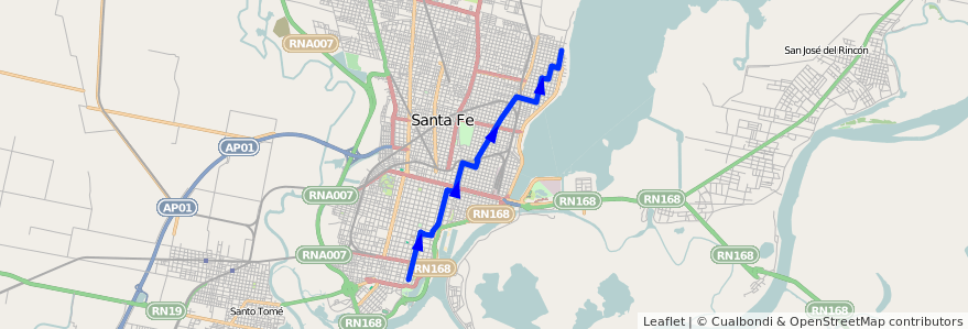 Mapa del recorrido unico de la línea 14 en Santa Fé.