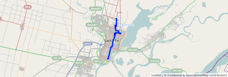 Mapa del recorrido unico de la línea 10 en Santa Fé.