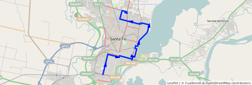 Mapa del recorrido unico de la línea 16 en Santa Fé.