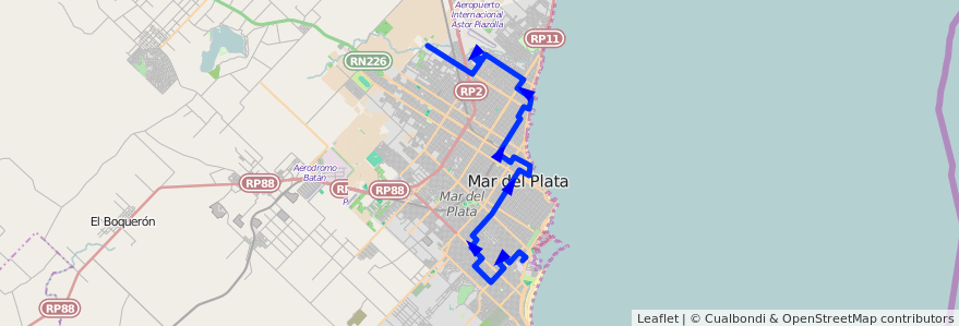 Mapa del recorrido Unico de la línea 553 en Mar del Plata.