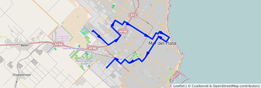 Mapa del recorrido Unico de la línea 573 en Mar del Plata.