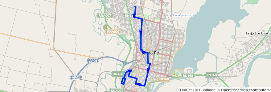 Mapa del recorrido unico de la línea 18 en Santa Fé.