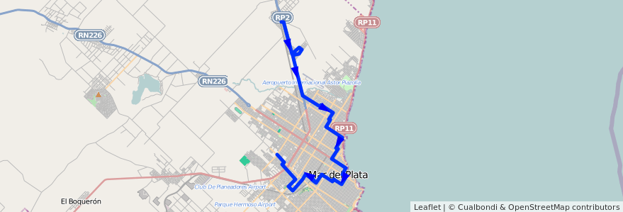 Mapa del recorrido Unico de la línea 543 en Mar del Plata.