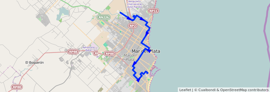 Mapa del recorrido Unico de la línea 553 en Mar del Plata.