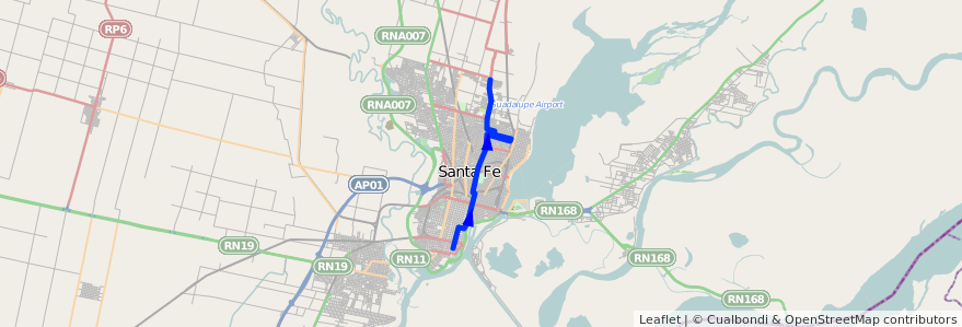 Mapa del recorrido unico de la línea 10 en Santa Fe.