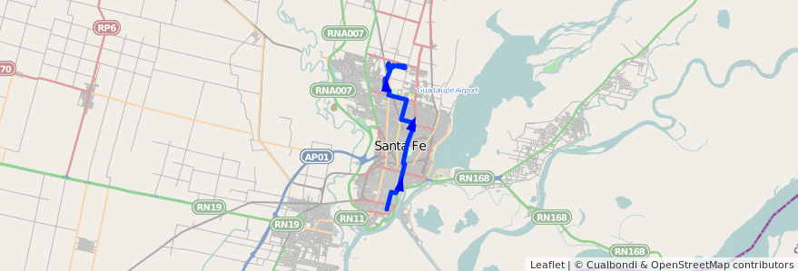 Mapa del recorrido unico de la línea 11 en Santa Fé.