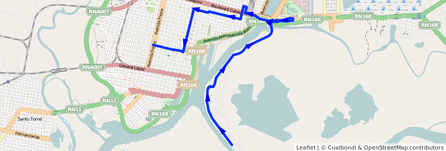 Mapa del recorrido unico de la línea 13 en Santa Fe Capital.