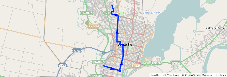 Mapa del recorrido unico de la línea 18 en Santa Fé.