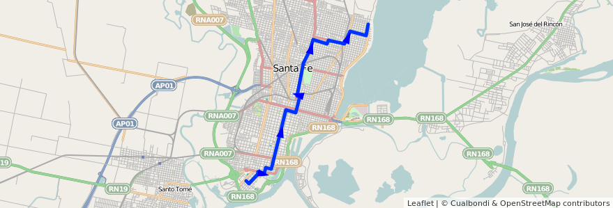 Mapa del recorrido unico de la línea 4 en Santa Fe.