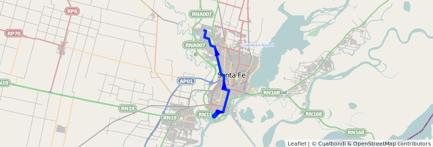 Mapa del recorrido unico de la línea 5 en Santa Fé.