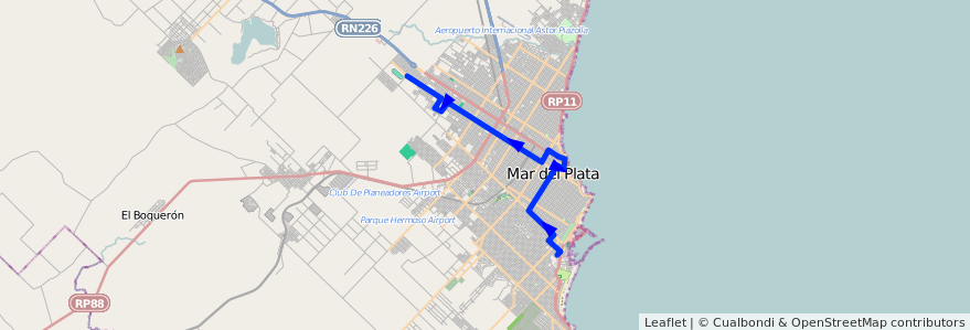 Mapa del recorrido Unico de la línea 562 en Mar del Plata.