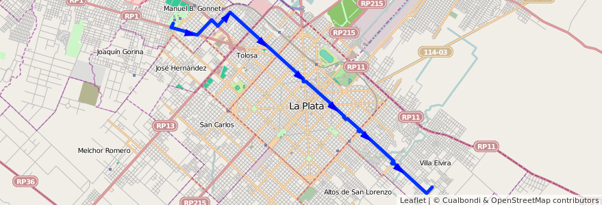 Mapa del recorrido unico de la línea 518 en Partido de La Plata.