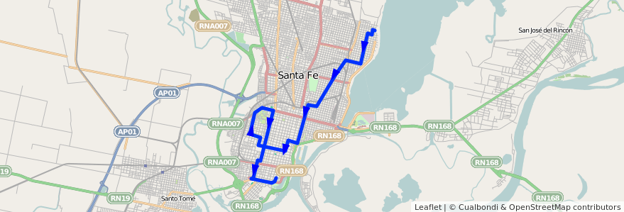 Mapa del recorrido unico de la línea 14 en Santa Fé.