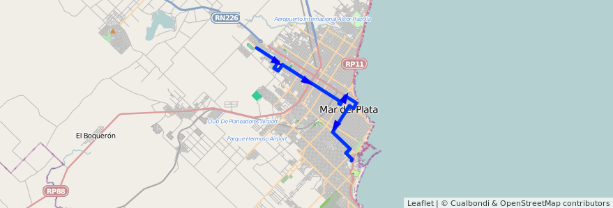 Mapa del recorrido Unico de la línea 562 en Mar del Plata.