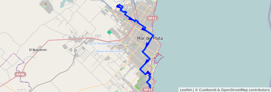 Mapa del recorrido Unico de la línea 522 en Mar del Plata.