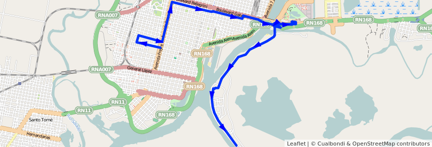 Mapa del recorrido unico de la línea 13 en Santa Fe Capital.