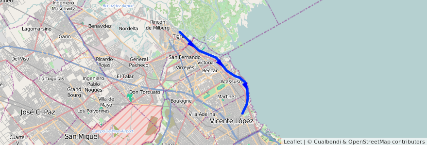 Mapa del recorrido Unico de la línea Tren de La Costa en Буэнос-Айрес.