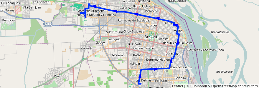 Mapa del recorrido  Verde de la línea 133 en Rosário.