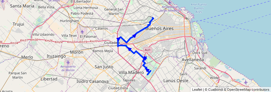 Mapa del recorrido x Camarones de la línea 47 en 布宜诺斯艾利斯自治市.