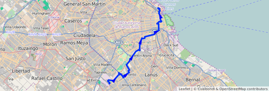 Mapa del recorrido x Fiorito de la línea 28 en Argentina.